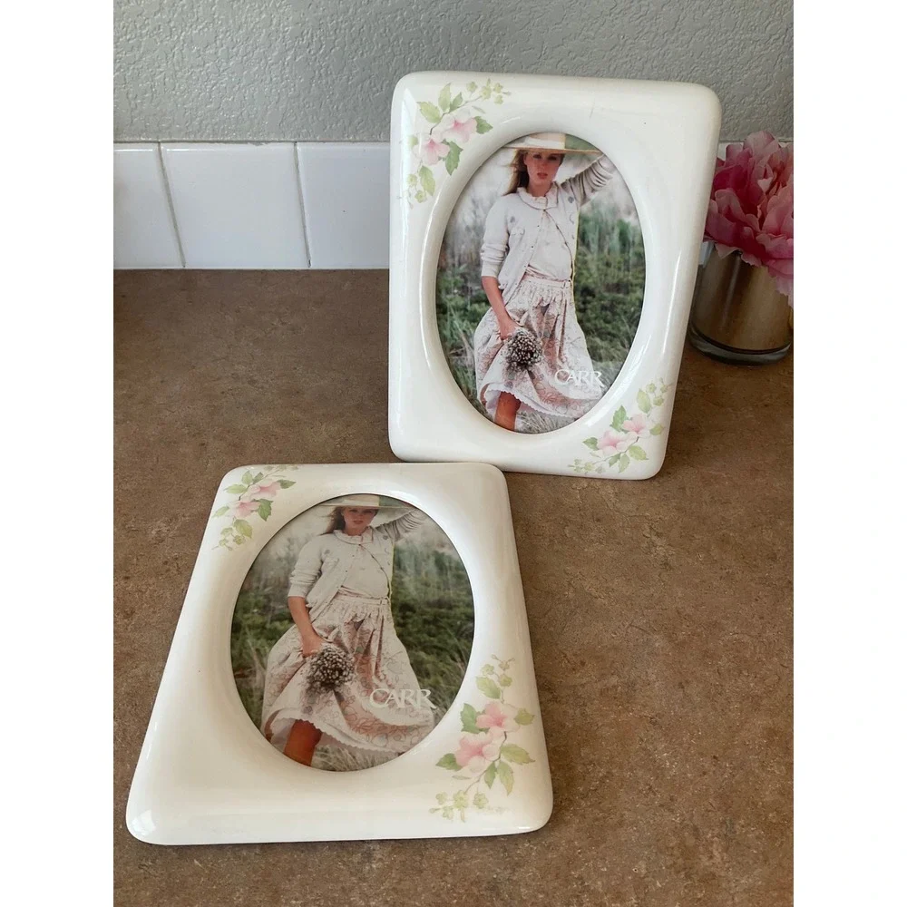 Carr Vintage Ceramic Floral Picture Frames Set 2 Pink White Oval 5x7 Opening